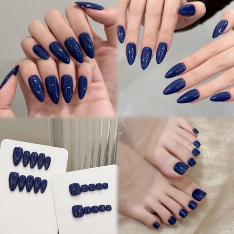 Handgemachte Glänzende Dunkelblaue Press On Nails Hand Fuß Mandelform Fußnagel Set Minimalistische Künstliche Nägel Damen
