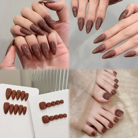 Glanzend Donkerbruin Kunstnagels Amandelvorm Handgemaakt Vinger En Teennagels Maillard Stijl Manicure Tool Voor Vrouwen