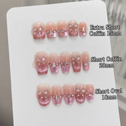 Handmade Press On Nails Pink Cat Eye Gradient Butterfly Rhinestone Short Coffin Oval Shaped False Nails For Women Daily Wear