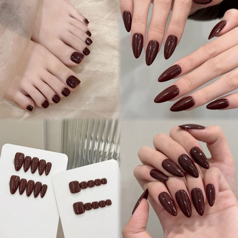 Uñas Postizas a Presión Borgoña Brillantes Hechas a Mano Forma Almendra Dedos Pies Cuadrados Color Sólido para Mujer Manicura
