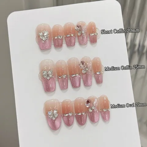 Uñas Postizas Hechas a Mano Ojo de Gato Rosa Blush Con Mariposa 3D Diamantes Imitación Degradado Francés Ataúd Ovaladas Mujer Fiesta