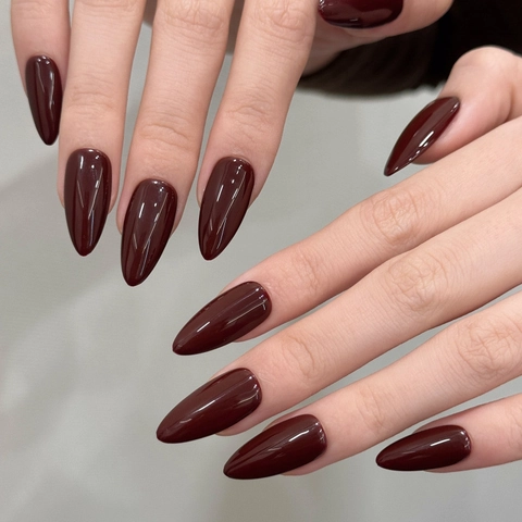 Uñas Postizas a Presión Borgoña Brillantes Hechas a Mano Forma Almendra Dedos Pies Cuadrados Color Sólido para Mujer Manicura