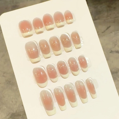 Eleganti Unghie Finte Francesi Occhio Di Gatto Rosa Nudo Sfumato Punte Bianche Set Da 24 Pezzi Per Donna Manicure Professionale