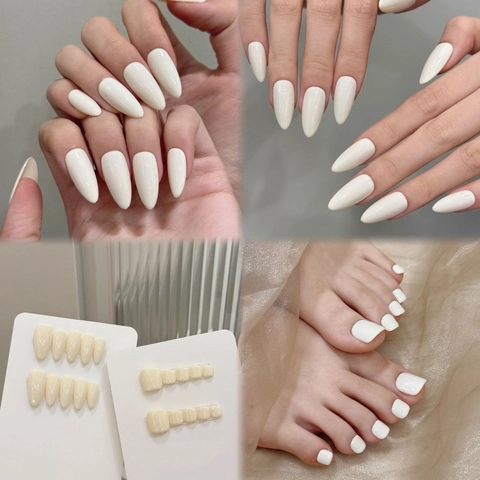 Set Unghie Finte Bianco Crema Lucido Fatto a Mano per Mani e Piedi Forma Mandorla Quadrata Tinta Unita Eleganti Unghie Artificiali
