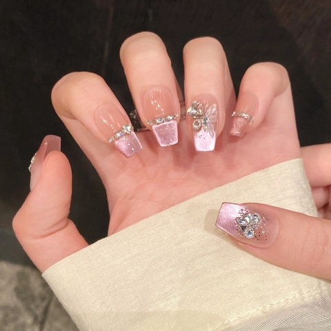 Uñas Postizas Hechas a Mano Ojo de Gato Rosa Blush Con Mariposa 3D Diamantes Imitación Degradado Francés Ataúd Ovaladas Mujer Fiesta