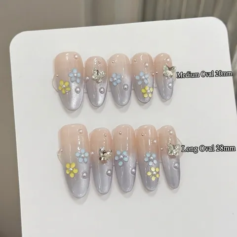 Handgefertigte Katzenauge Verlauf Rosa Künstliche Nägel Zum Aufkleben Mit 3D Floral Kunstperle Schmetterling Strass Lange Ovale Nägel