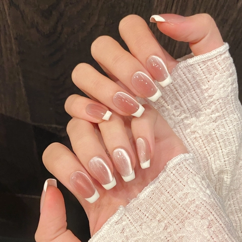 Eleganti Unghie Finte Francesi Occhio Di Gatto Rosa Nudo Sfumato Punte Bianche Set Da 24 Pezzi Per Donna Manicure Professionale