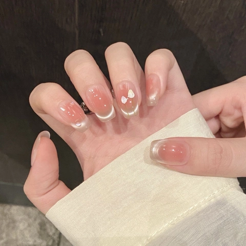Unghie Finte a Pressione Artigianali Occhio di Gatto Tulipano Rosa Sfumato Nudo Fiori in Rilievo Strass Decorazione Donna