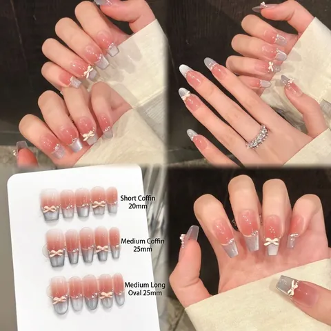 Unghie Finte Artigianali Francesi Occhio Di Gatto Con Fiocco E Strass Rosa Nudo Argento Magnetico Unghie Finte Indossabili