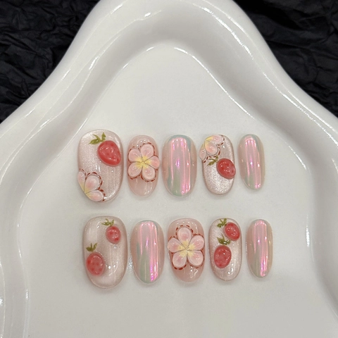 Handgefertigt 3D Erdbeere Blume Künstliche Nägel Zum Aufdrücken Kurzes Oval Süß Blush Rosa Falsche Nägel Für Damen