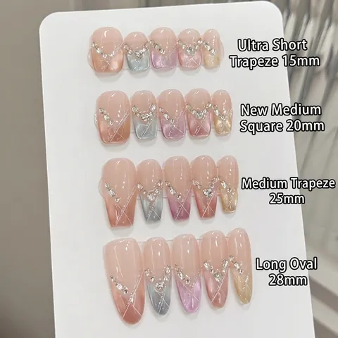 Uñas Postizas Francesas de Ojo de Gato Decoración de Strass Rosa Nude Macaron Degradado Coffin para Mujer Manicura Diaria