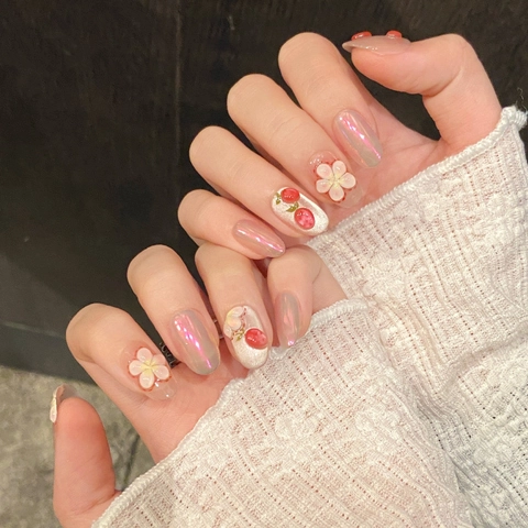 Handgefertigt 3D Erdbeere Blume Künstliche Nägel Zum Aufdrücken Kurzes Oval Süß Blush Rosa Falsche Nägel Für Damen