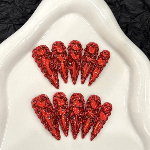 Uñas Postizas Stiletto Rojas de Lujo Hechas a Mano Diamantes de Imitación Diseño 3D Estrella Corazón Uñas de Acrílico para Mujer Fiesta