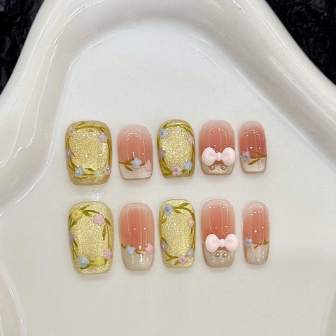 Unghie Finte Artigianali Con Design Floreale E Fiocco 3D Sfumatura Rosa Arancione Glitter Occhio Di Gatto Per Donna