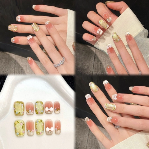 Unghie Finte Artigianali Con Design Floreale E Fiocco 3D Sfumatura Rosa Arancione Glitter Occhio Di Gatto Per Donna