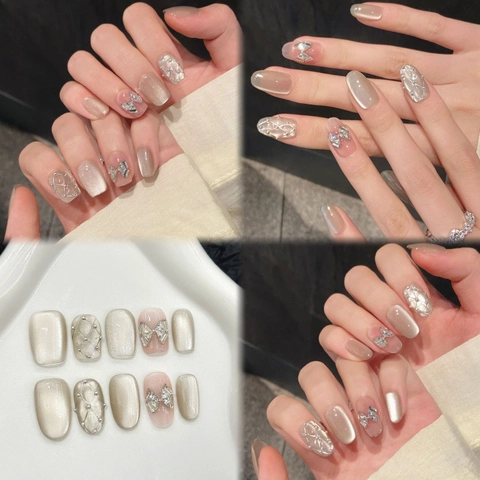 Champagne Cat Eye Press On Nails Silver Rhombus Bow Rhinestone Luxury Short Square Oval Fake Nails Handmade Manicure Set