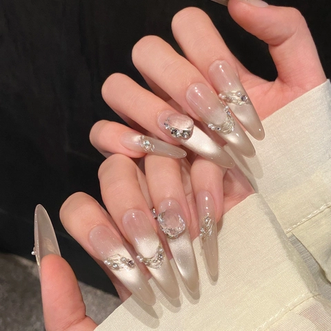 Champagner Katzenauge Lange Stiletto Nagel-Tips Luxus Strass Künstliche Perle Handgefertigte Aufklebbare Kunstnägel Für Damen Elegante Maniküre