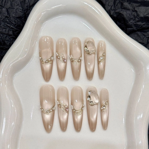 Champagner Katzenauge Lange Stiletto Nagel-Tips Luxus Strass Künstliche Perle Handgefertigte Aufklebbare Kunstnägel Für Damen Elegante Maniküre