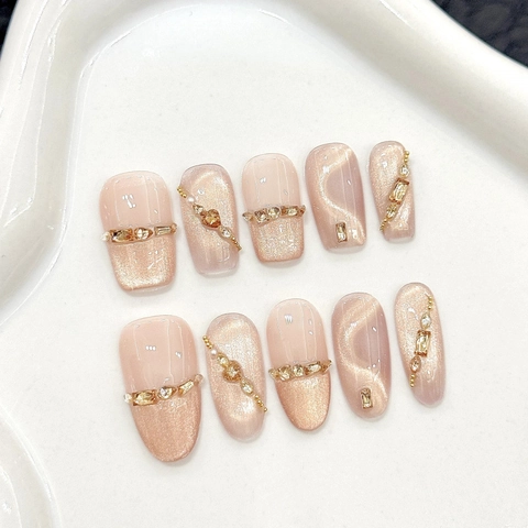 Uñas Postizas de Ojo de Gato Francesas Hechas a Mano Con Strass Perla Artificial Cadena de Metal Oro Champaña Rosa Nude Lujo