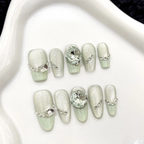 Minzgrün Katzenauge Künstliche Nägel Zum Aufdrücken Kurz Trapez Oval Form Leicht Luxus Strass Deko Handgefertigt Damen Nagelschmuck