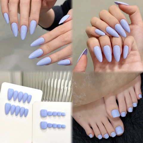 Unghie Finte da Incollare Lucide Blu-Viola Chiaro Forma a Mandorla Punte per Dita e Piedi Copertura Totale per Donna Decorazione