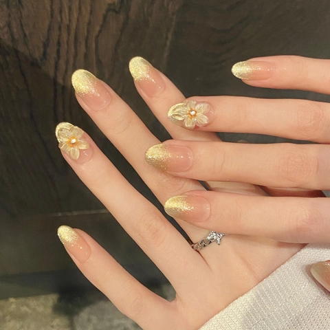 Handgefertigte 3D Blume Katzenauge Press On Nails Gold Glitzer Verlauf Nude Elegante Künstliche Nägel Für Damen Party Hochzeit