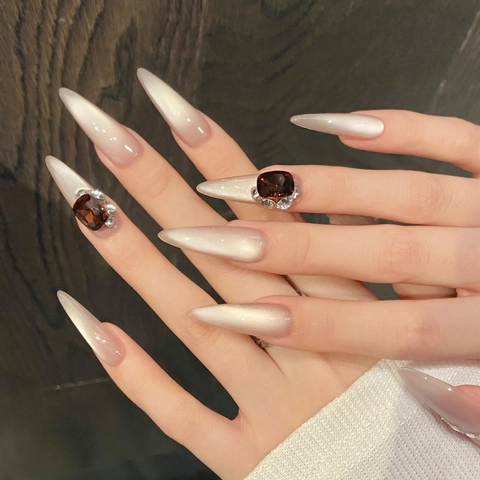 Lussuose Unghie Finte Artigianali Stiletto Occhio Di Gatto Lunghe Appuntite Strass Gemma Rosa Unghie Finte Per Donna Festa