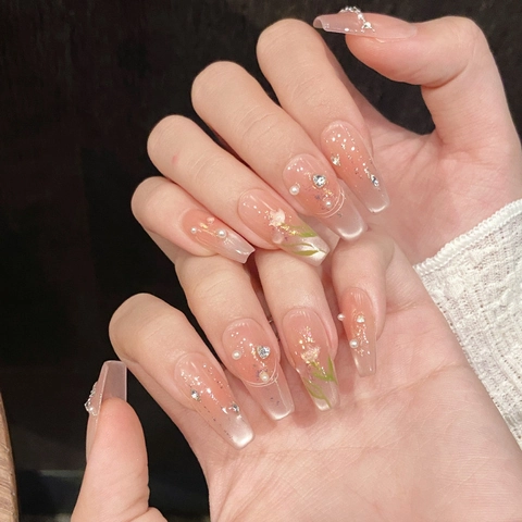 Rosa Tulpe Katzenaugen Nägel zum Aufdrücken Farbverlauf Blush Handgefertigte Falsche Nägel Mit Strass Künstliche Perle Damen