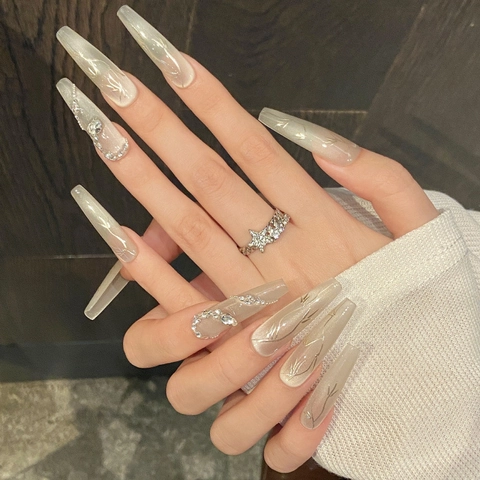 Handmade Luxury Cat Eye Press On Nails Long Coffin Coffin Shape Bamboo Design Rhinestone Artificial Pearl Artificial Nails For Women