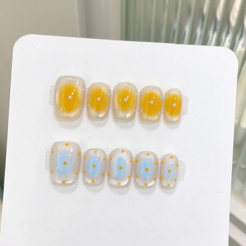 Handgemaakte Sea Salt Cheese Cookie Kunstnagels Blauw Geel Contrast Stippen Kattenoog Kort Vierkant Rond Dames Nagels