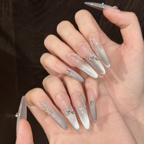 Handmade Sea Blue Gradient Cat Eye Press On Nails With Rhinestone Artificial Pearl Decor Long Ballerina Fake Nails For Women