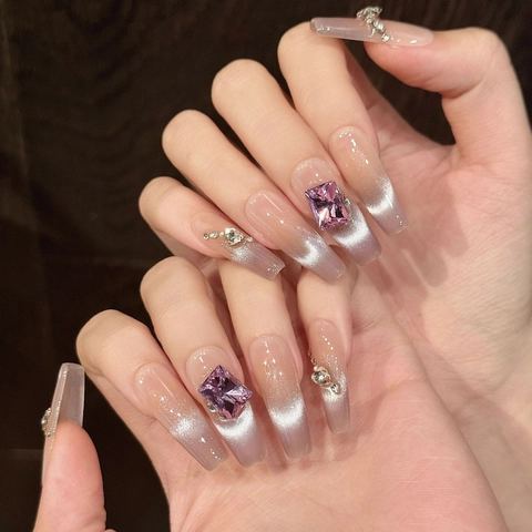 Handgefertigte Lila Katzenauge Sargform Künstliche Nägel Verlauf Strass Stern Dekoration Elegante Falsche Nägel Für Damen