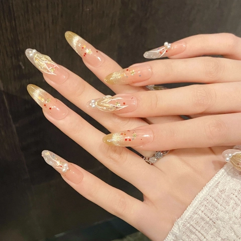 Uñas Postizas de Presión Hechas a Mano Lujo Ojo de Gato Almendra Largo Oval Con Perla Artificial Estrella Sirena