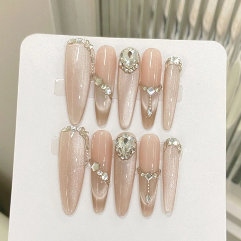 Luxus Katzenauge Künstliche Fingernägel Zum Aufkleben Mit Herz Strass Handgefertigt Lange Stiletto Fake Nails Für Damen