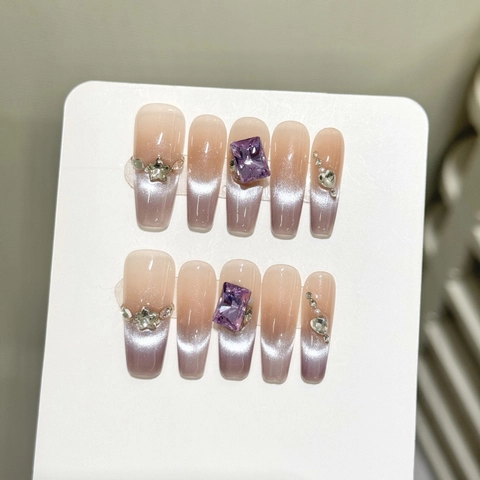 Handgefertigte Lila Katzenauge Sargform Künstliche Nägel Verlauf Strass Stern Dekoration Elegante Falsche Nägel Für Damen