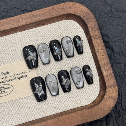 Handgemaakte Kattenoog Plaknagels Met 3D Ster Kunstparel Strass Decor Coffin Vorm Donkere Zoete Coole Stijl Voor Vrouwen