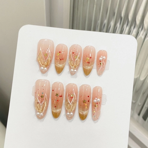 Uñas Postizas de Presión Hechas a Mano Lujo Ojo de Gato Almendra Largo Oval Con Perla Artificial Estrella Sirena