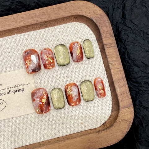 Faux Ongles à Presser Marbre Feuille d'Or Ambre Vintage Faits à la Main Œil de Chat Réutilisables pour Femmes Décoration Ongles