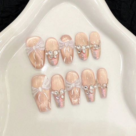 Unghie Finte Press On Artigianali Rosa Aurora Occhio Di Gatto Con Fiocco 3D Strass Künstliche Perle Lussuose Unghie Finte Da Donna