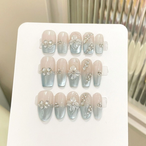 Handgefertigte 3D Relief Blume Katzenauge Nägel Zum Aufpressen Verlauf Schicke Künstliche Nägel Mit Strass Künstliche Perlen Für Damen