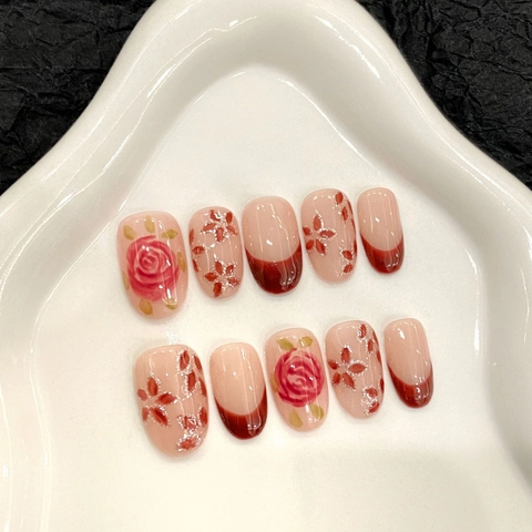 Uñas Postizas a Presión Pintadas a Mano Rosa Acuarela Rojo Oscuro Borde Francés Brillante Con Brillo Plateado Mujer