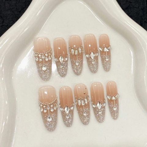 Luxus Handgefertigte Künstliche Nägel Zum Aufdrücken Lange Mandelform Silber Glitzer Farbverlauf Strass Zirkon Deko