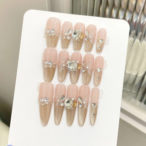 Uñas Postizas de Lujo Champaña Ojo de Gato Hechas a Mano Con Mariposa 3D Diamantes de Imitación Perla Artificial Decoración Largas Mujer