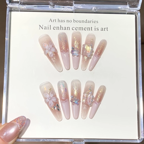 Handgemaakte Roze Verloop Press On Nagels Met 3D Bloemen Decoratie Strass En Kunstparel Long Stiletto Kunstnagels Voor Dames