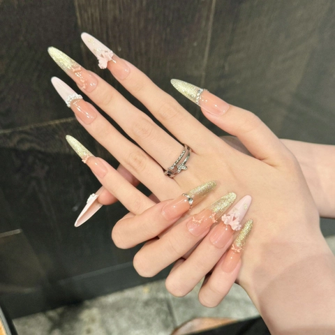 Handgefertigte Französisch Rosa Katzenauge Künstliche Nägel Mit 3D Schleife Künstliche Perlen Strass Deko Extra Lange Stiletto Nägel