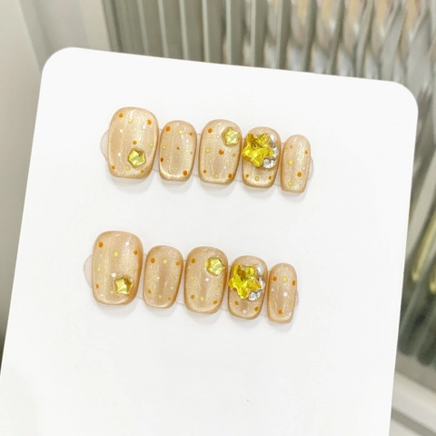 Handmade Gold Cat Eye Press On Nails With 3D Star Charms Rhinestones Sweet Orange Polka Dot Short Square Round Fake Nails