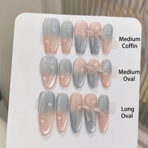 Unghie Finte in Resina Fatte a Mano Design Occhio di Gatto Sfumato Menta Fiocco 3D Perla Artificiale Strass Unghie per Donna