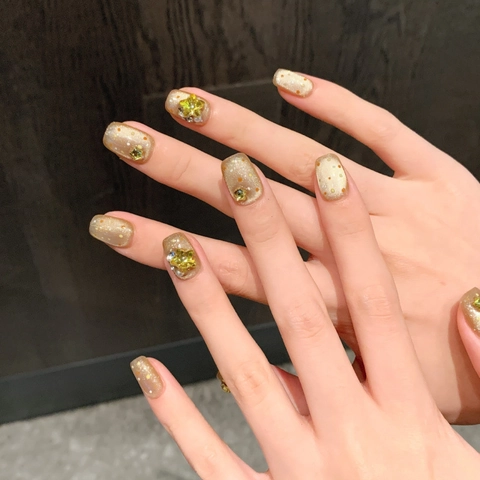 Handmade Gold Cat Eye Press On Nails With 3D Star Charms Rhinestones Sweet Orange Polka Dot Short Square Round Fake Nails
