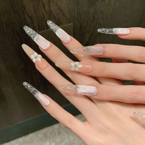 Handgefertigte Pinke Katzenauge Nägel Zum Aufdrücken Mit 3D Weißer Blume Strass Lange Stiletto Kunstnägel Für Damen Party