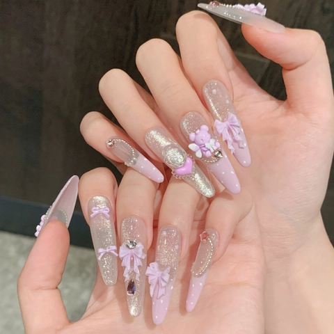 Handgefertigt Süß Hellviolett Aufklebenägel Mit 3D Bär Schleife Herz Strass Perle Lang Stiletto Verlauf Falsche Nägel Damen